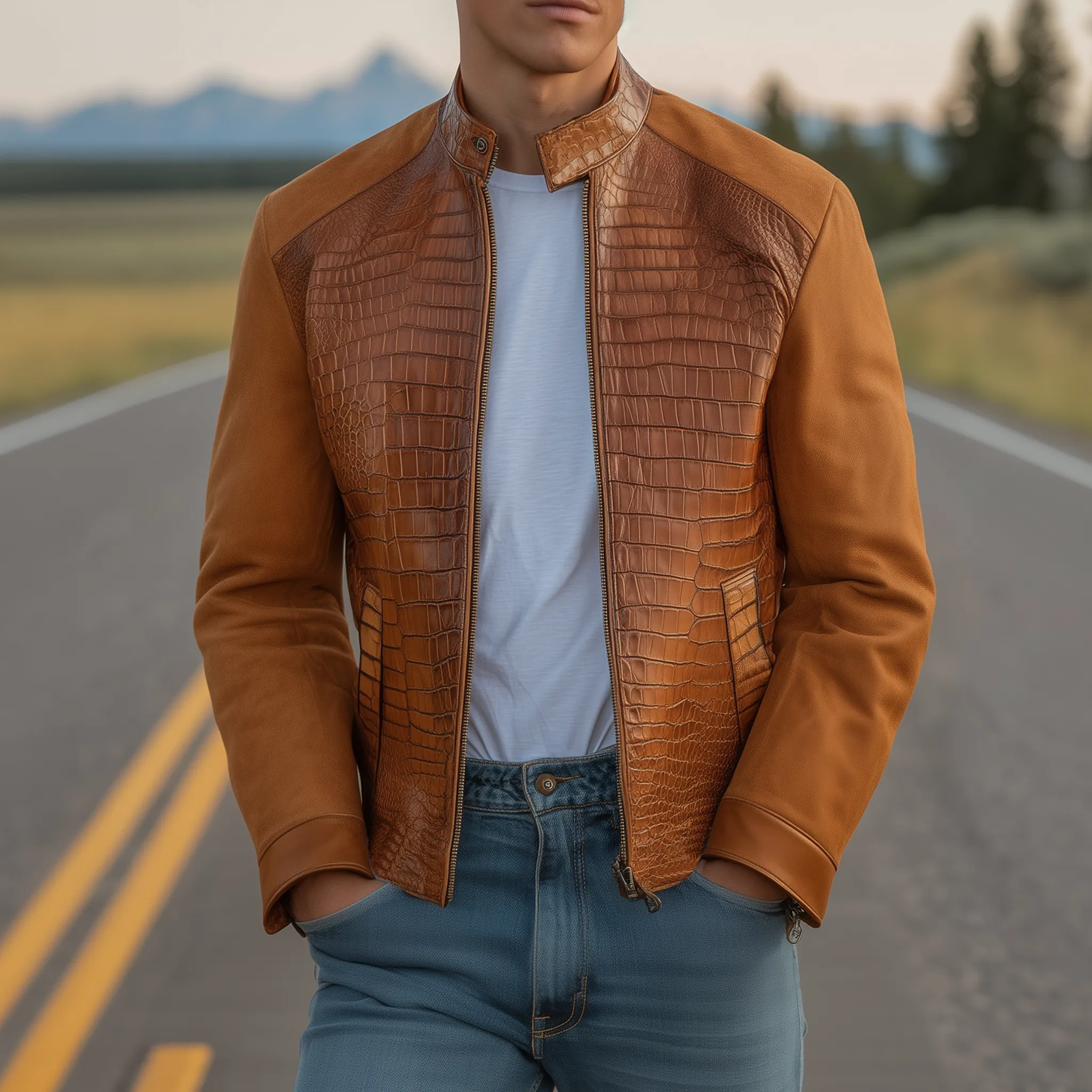 Men's Classic Retro Western Cowboy Style Stand Collar Textured Leather And Suede Zipper Jacket MTA0539H0K sold by Manly product image thumbnail 2