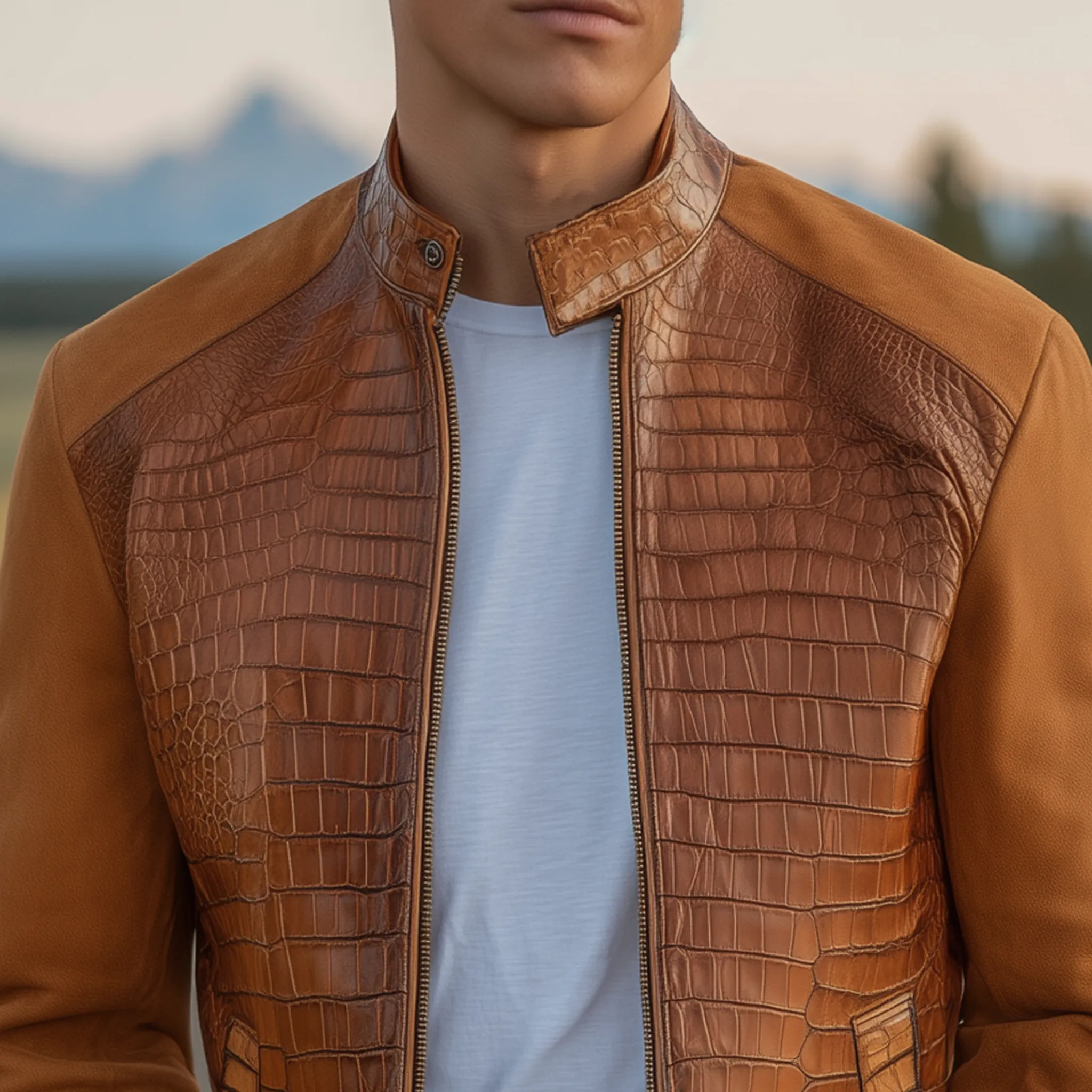 Men's Classic Retro Western Cowboy Style Stand Collar Textured Leather And Suede Zipper Jacket MTA0539H0K sold by Manly product image thumbnail 3