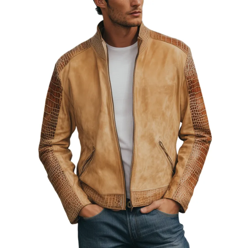 Men's Classic Retro Western Cowboy Style Stand Collar Textured Leather Patchwork Zipper Jacket MTA0575H0K sold by Manly