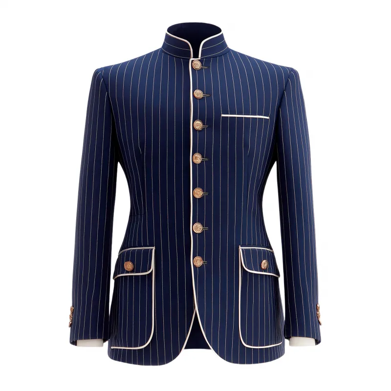 Men's Vintage Classic Cotton Blend Vertical Striped Stand Collar Single-breasted Metal Button Slim-fit Blazer MTA0485H3M sold by Manly