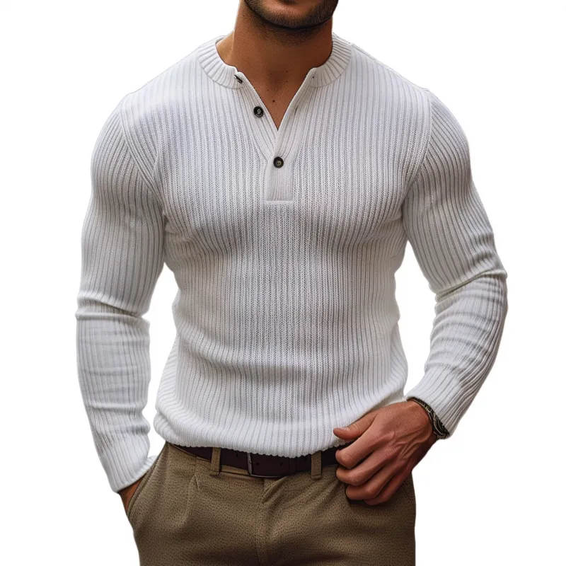 Men's Casual Solid Color Henley Collar Slim Fit Knit Long Sleeve Pullover Sweater MTA0540H8M sold by Manly