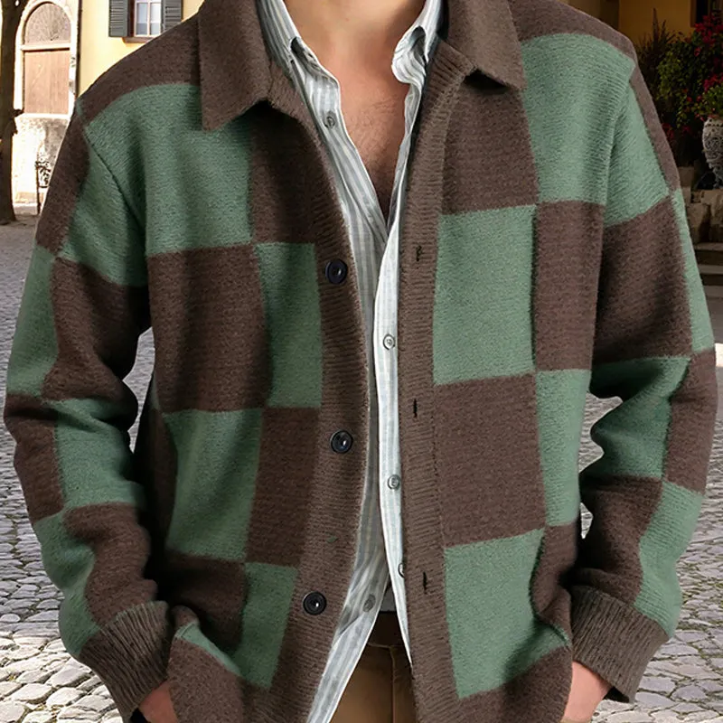 Men's Casual Contrast Checkerboard Lapel Single-breasted Loose Knit Cardigan MTA0494H6M sold by Manly product image thumbnail 3