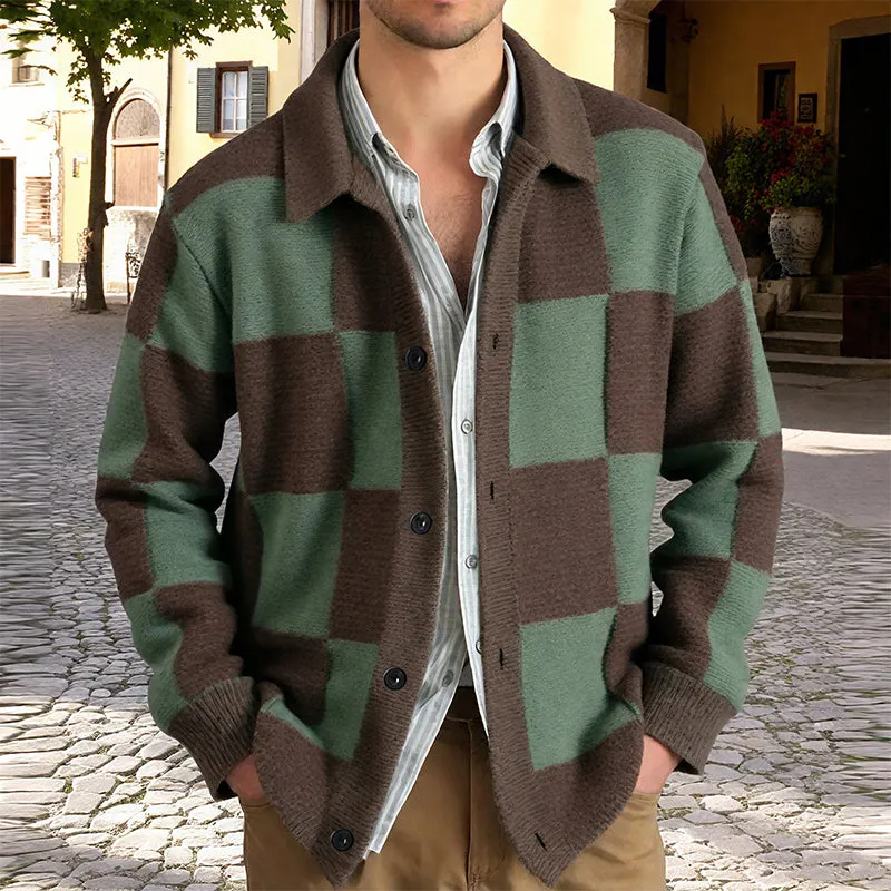 Men's Casual Contrast Checkerboard Lapel Single-breasted Loose Knit Cardigan MTA0494H6M sold by Manly product image thumbnail 2