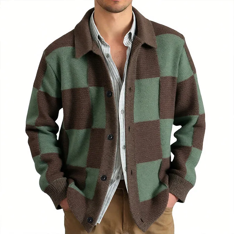 Men's Casual Contrast Checkerboard Lapel Single-breasted Loose Knit Cardigan MTA0494H6M sold by Manly