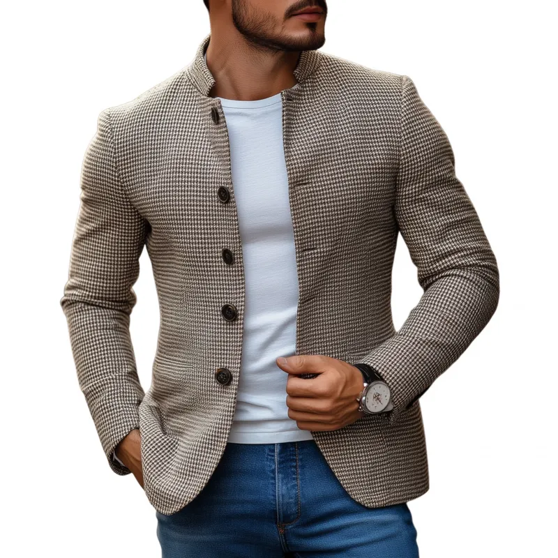 Men's Vintage Houndstooth Stand Collar Single-breasted Slim-fit Blazer MTA0407H9M sold by Manly