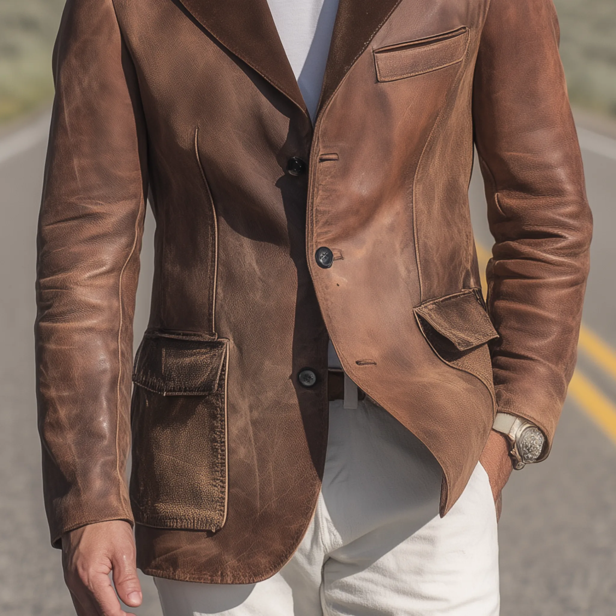 Men's Classic Retro Collar Splicing Suede And Distressed PU Leather Single-breasted Blazer MTA0714H0K sold by Manly product image thumbnail 5