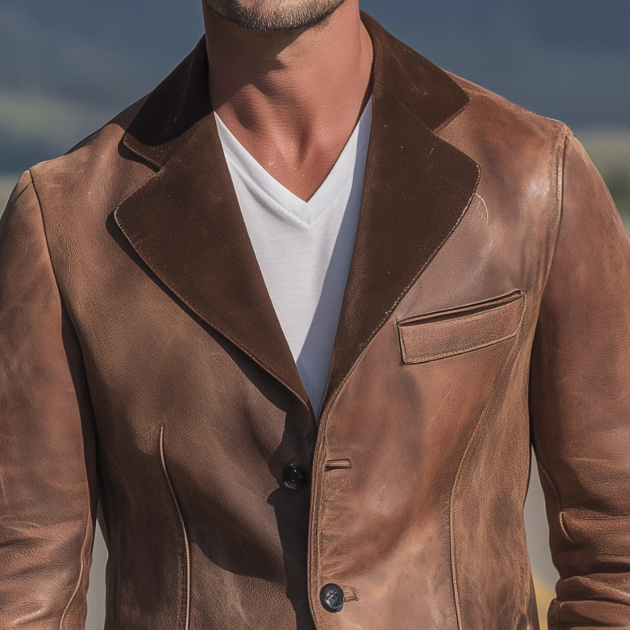 Men's Classic Retro Collar Splicing Suede And Distressed PU Leather Single-breasted Blazer MTA0714H0K sold by Manly product image thumbnail 4