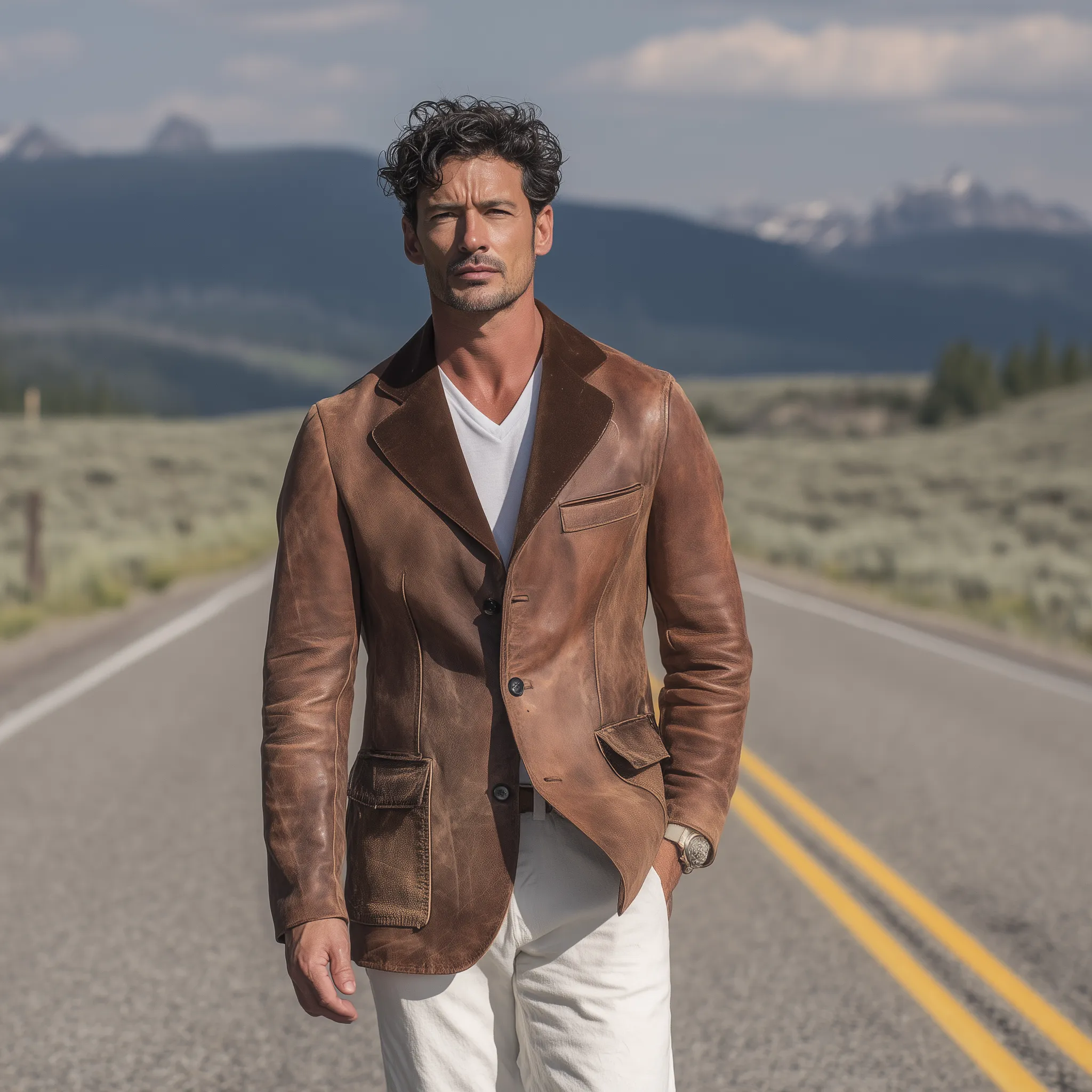 Men's Classic Retro Collar Splicing Suede And Distressed PU Leather Single-breasted Blazer MTA0714H0K sold by Manly product image thumbnail 3