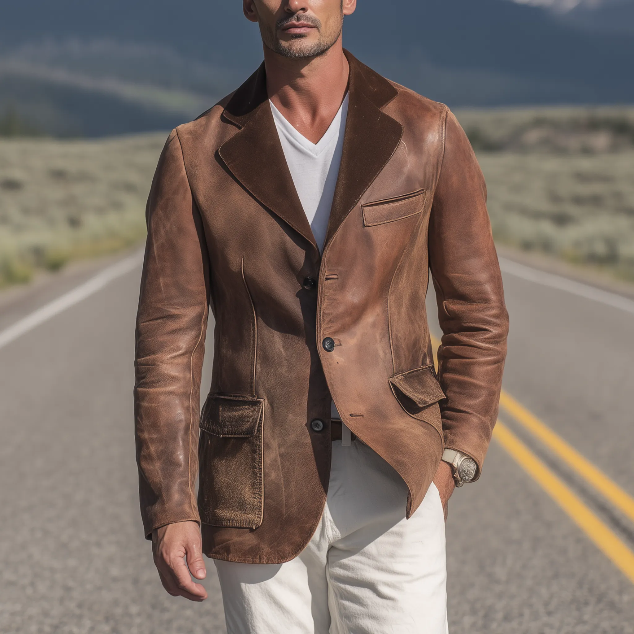 Men's Classic Retro Collar Splicing Suede And Distressed PU Leather Single-breasted Blazer MTA0714H0K sold by Manly product image thumbnail 2