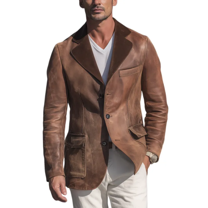 Men's Classic Retro Collar Splicing Suede And Distressed PU Leather Single-breasted Blazer MTA0714H0K sold by Manly