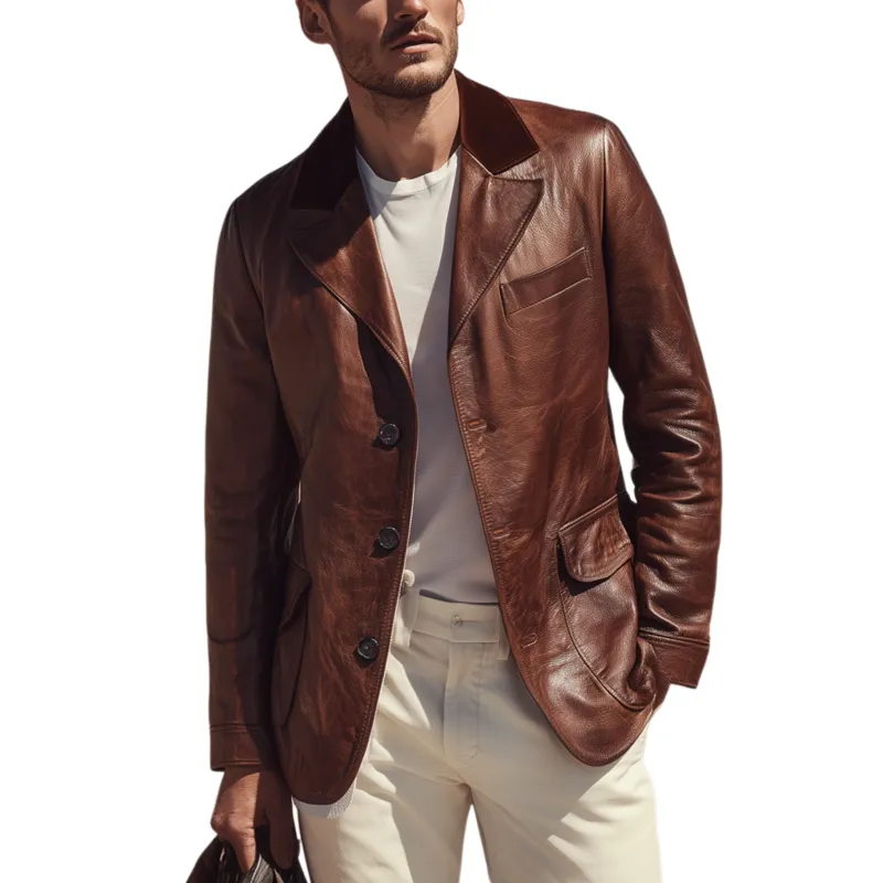 Men's Classic Retro Collar Splicing Suede PU Leather Single-breasted Blazer MTA0737H7K sold by Manly