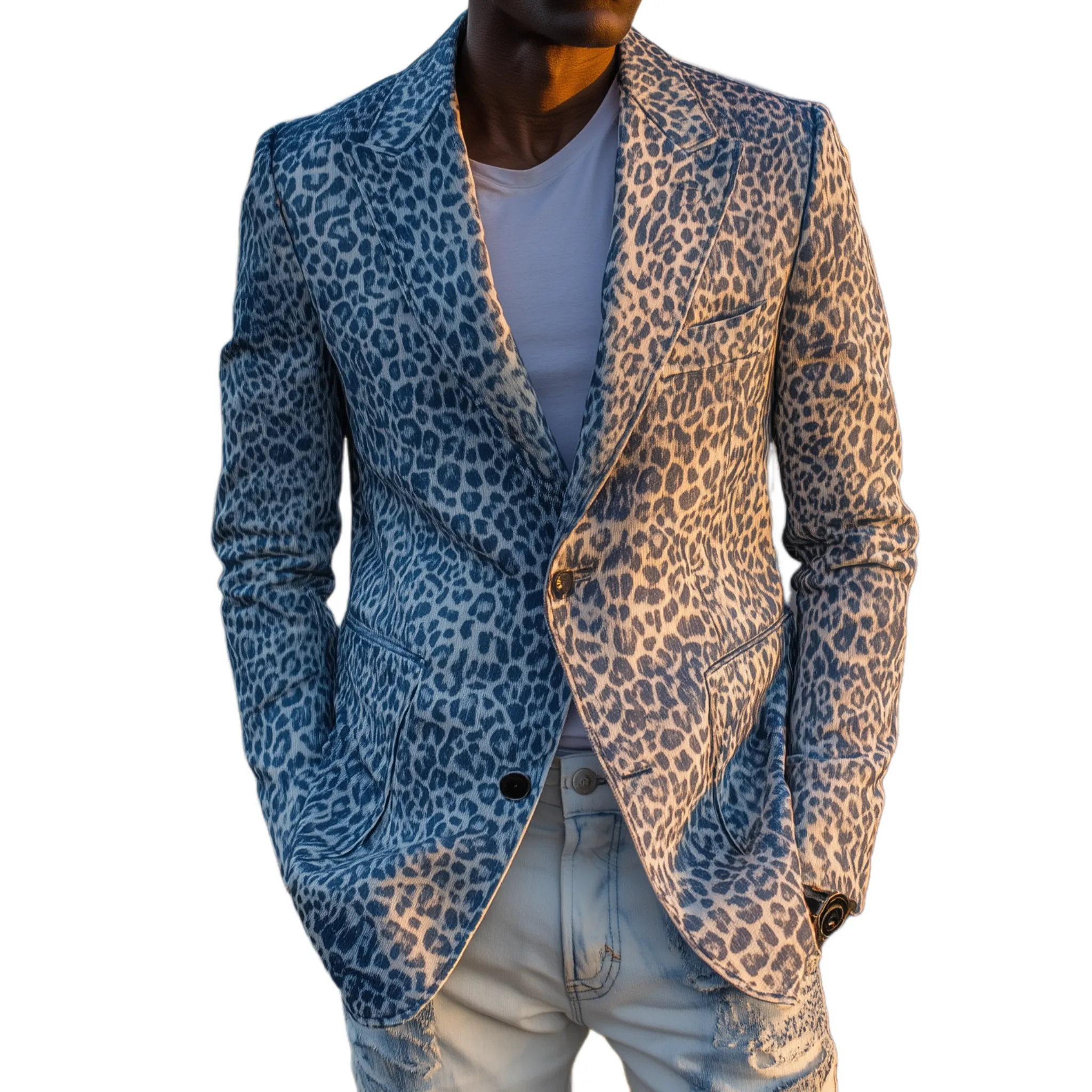 Men's Classic Fashion Leopard Print Denim Slim Fit Single-breasted Blazer MTA0726H2K sold by Manly