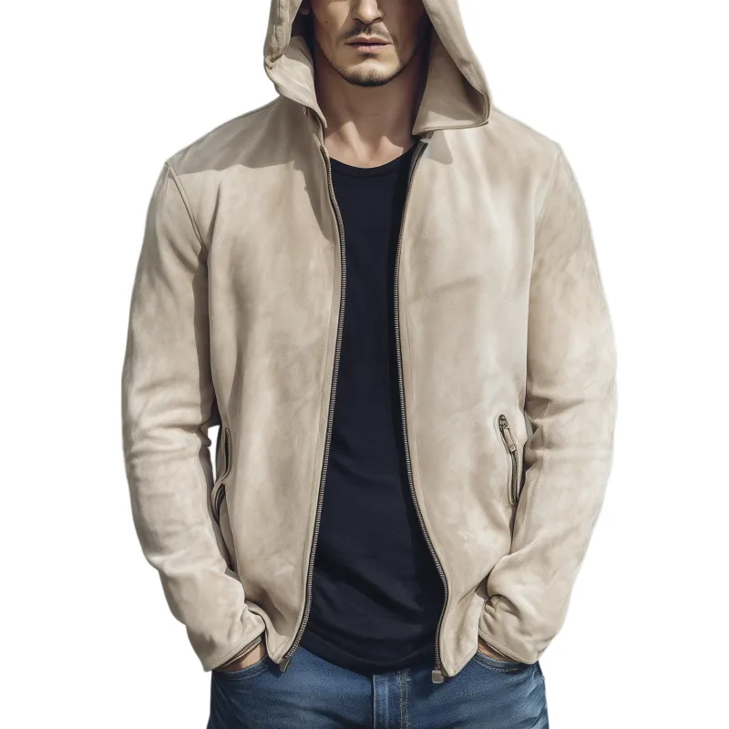 Men's Classic Casual Solid Color Hooded Zip-Up Suede Jacket MTA0659H8K sold by Manly
