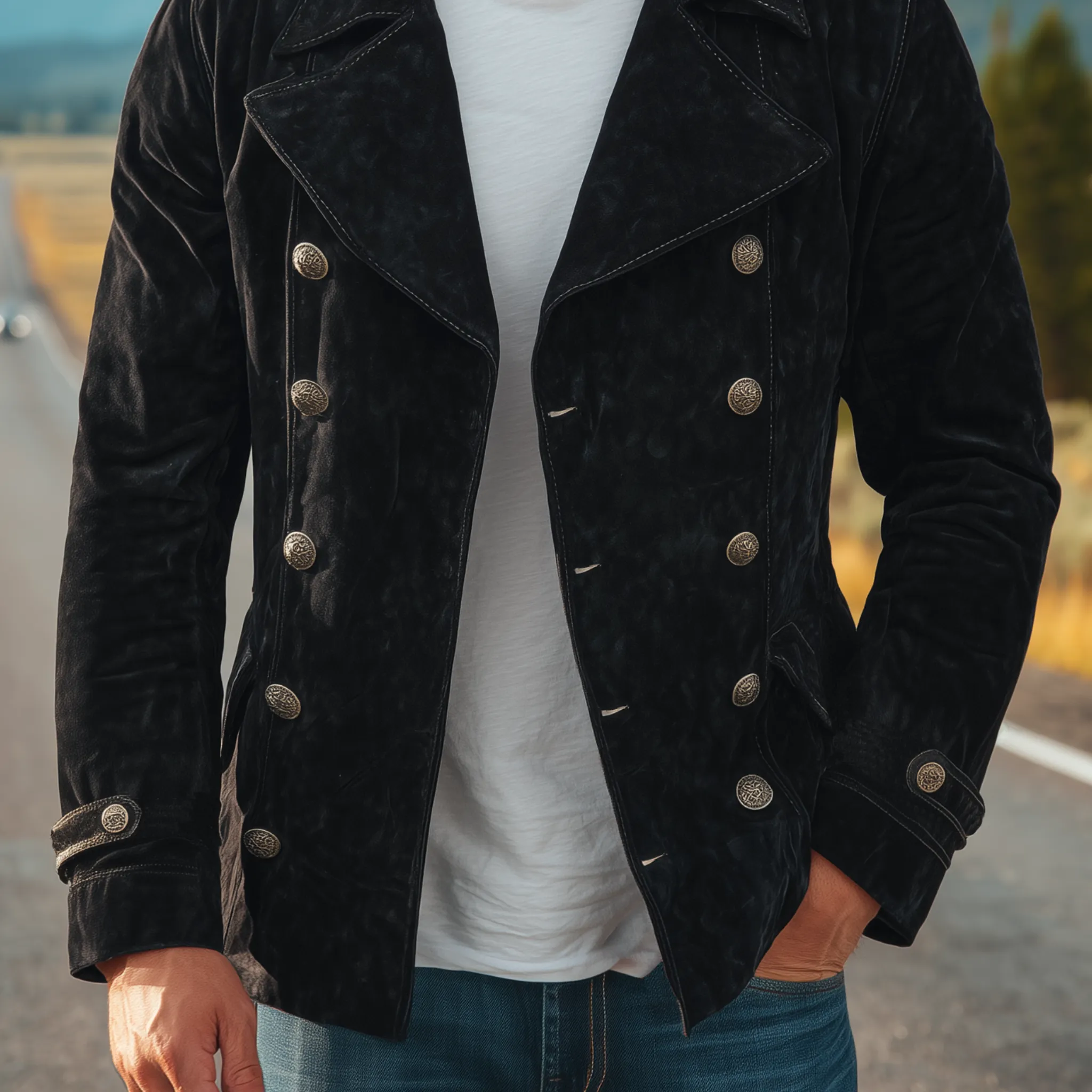 Men's Classic Vintage Suede Lapel Double Breasted Slim Fit Jacket MTA0785H1K sold by Manly product image thumbnail 4