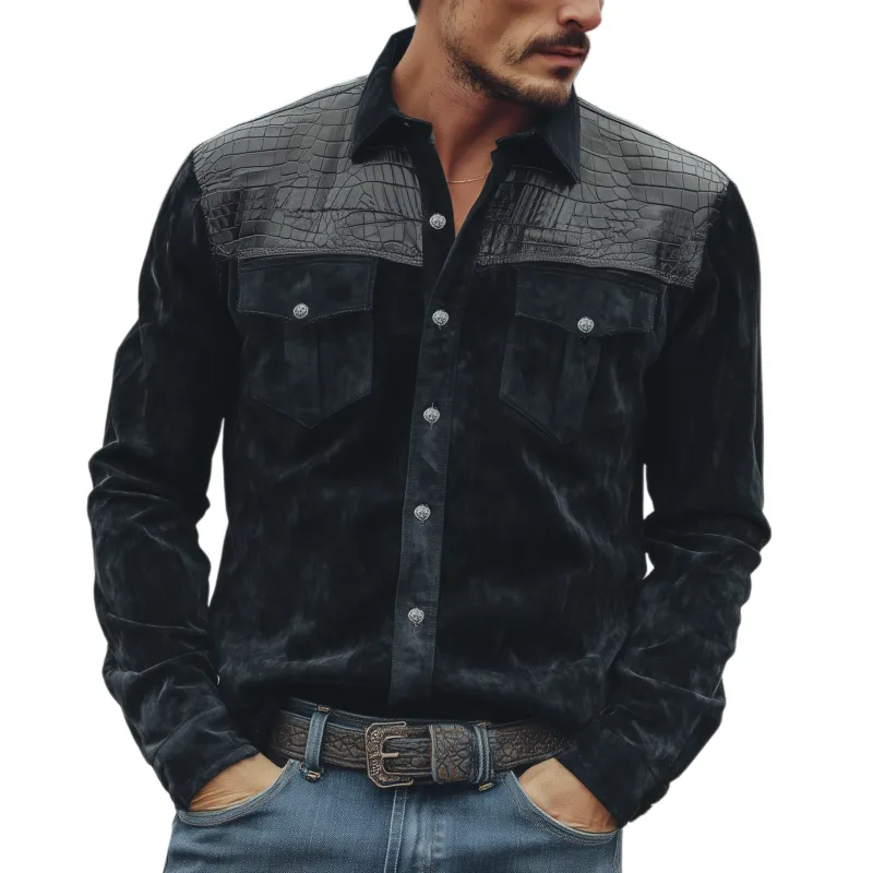 Men's Classic Retro Western Cowboy Style Suede And Textured Leather Long-sleeved Shirt MTA0775H8K sold by Manly