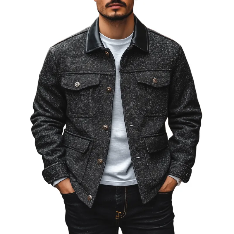 Men's Vintage Herringbone Blend PU Lapel Patchwork Single-breasted Multi-pocket Work Jacket MTA0695H5M sold by Manly