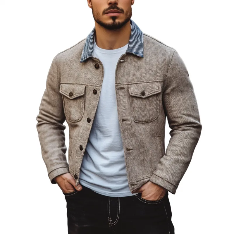 Men's Vintage Herringbone Striped Lapel Patchwork Single-breasted Slim-fit Jacket MTA0690H0M sold by Manly