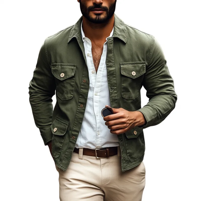 Men's Casual Breathable Cotton Washed Distressed Lapel Single-breasted Multi-pocket Work Jacket MTA0688H8M sold by Manly
