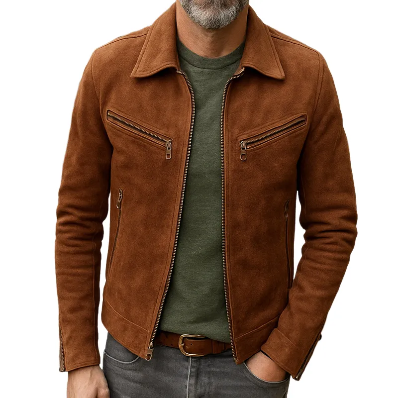 Men's Casual Retro Style Solid Color Suede Zipper Lapel Jacket MTA0644H3TO sold by Manly