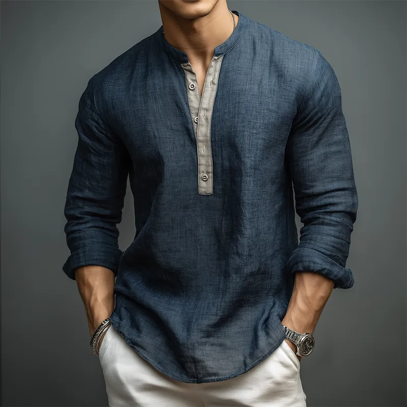 Men's Vintage Casual Cotton And Linen Henley Collar Long Sleeve Shirt MTA0697H8TO sold by Manly product image thumbnail 2