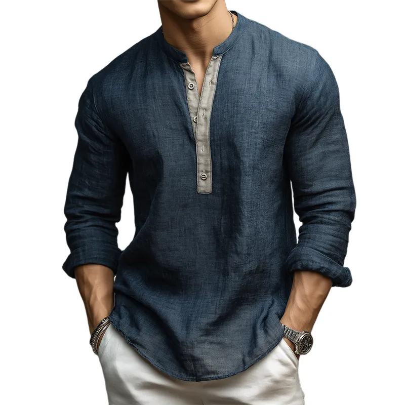 Men's Vintage Casual Cotton And Linen Henley Collar Long Sleeve Shirt MTA0697H8TO sold by Manly