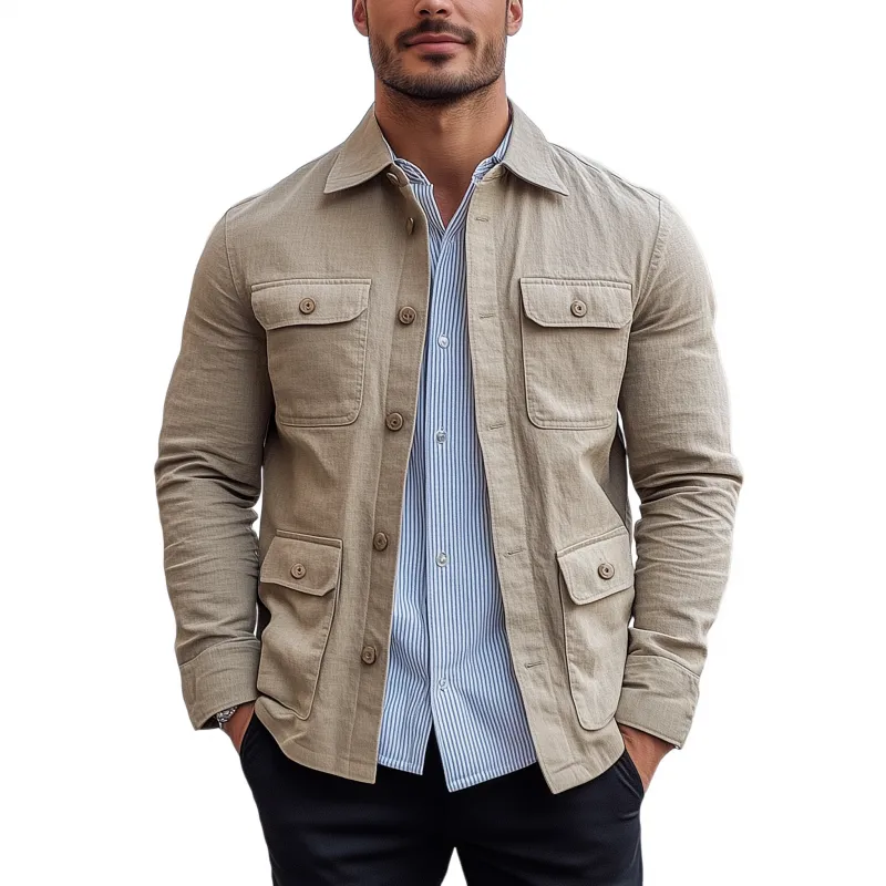 Men's Casual Solid Color Breathable Cotton Linen Blend Lapel Single-breasted Multi-pocket Slim-fit Jacket MTA0695H3M sold by Manly
