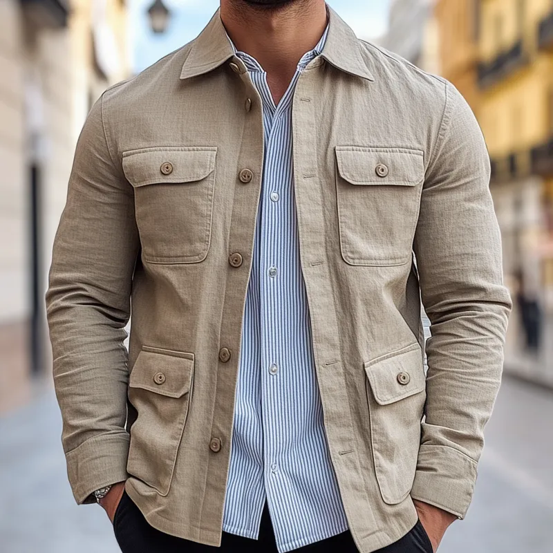 Men's Casual Solid Color Breathable Cotton Linen Blend Lapel Single-breasted Multi-pocket Slim-fit Jacket MTA0695H3M sold by Manly product image thumbnail 3