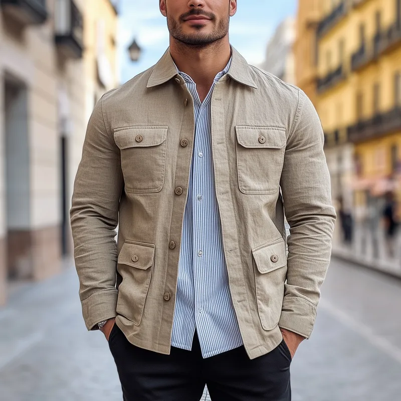 Men's Casual Solid Color Breathable Cotton Linen Blend Lapel Single-breasted Multi-pocket Slim-fit Jacket MTA0695H3M sold by Manly product image thumbnail 2