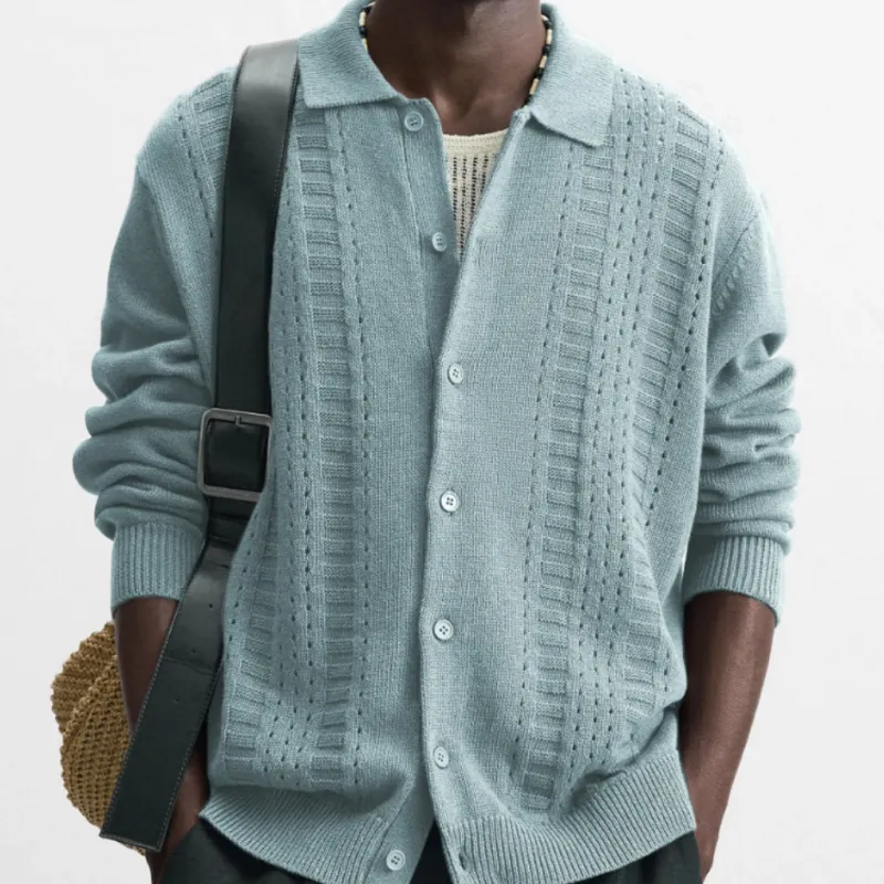 Men's Casual Solid Color Breathable Lapel Single-breasted Knitted Loose Cardigan MTA0634H0M sold by Manly product image thumbnail 3
