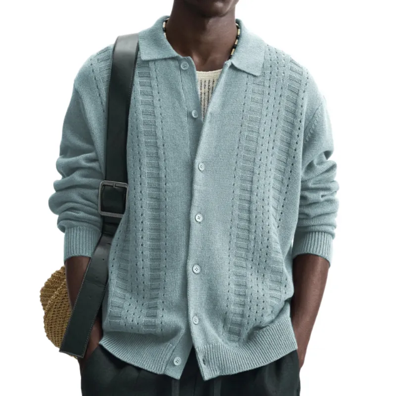 Men's Casual Solid Color Breathable Lapel Single-breasted Knitted Loose Cardigan MTA0634H0M sold by Manly