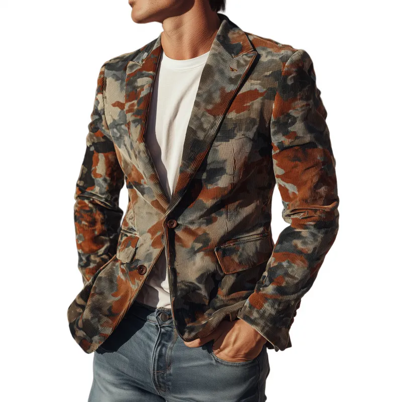 Men's Stylish Vintage Contrast Camouflage Corduroy Peaked Lapel Single-breasted Slim-fit Blazer MTA0733H4M sold by Manly