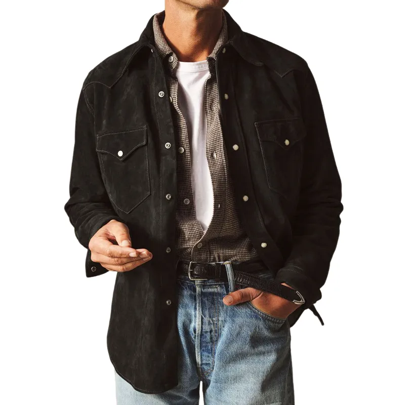 Men's Spring And Autumn Black Suede Long Sleeve Shirt MTA0640H2U sold by Manly