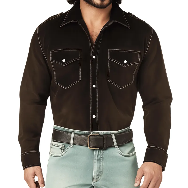Men's Spring And Autumn Basic Dark Brown Suede Long Sleeve Shirt MTA0764H9U sold by Manly
