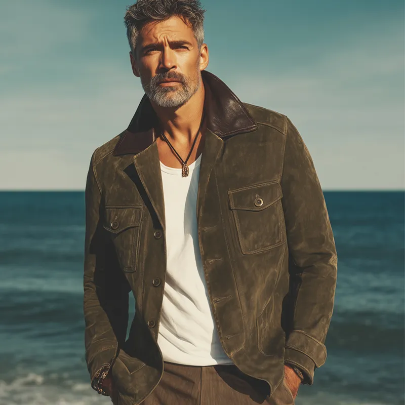 Men's Vintage Suede And Leather Lapel Button Jacket MTA0729H3U sold by Manly product image thumbnail 2