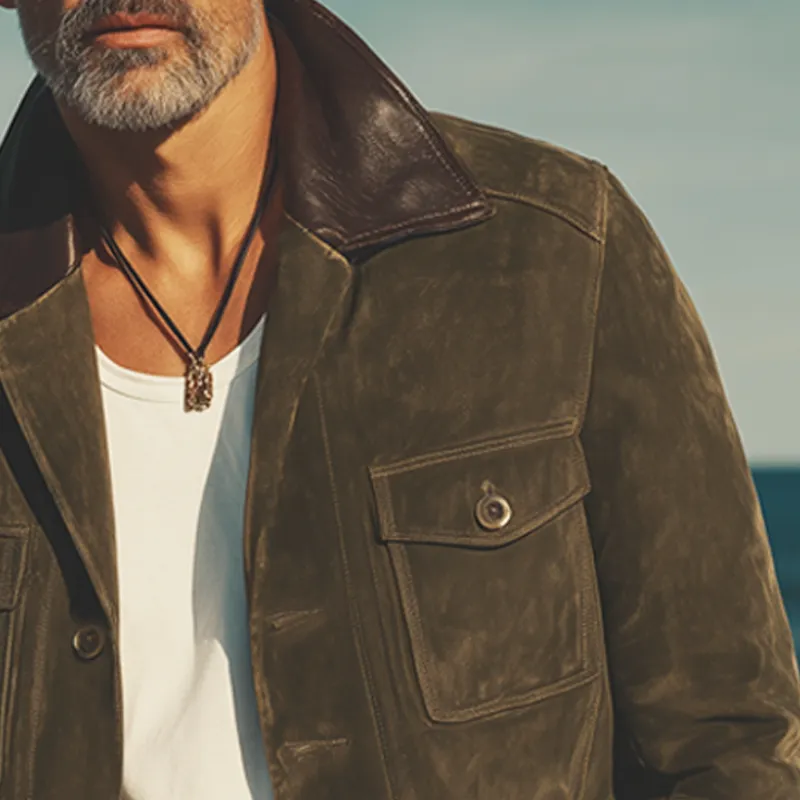 Men's Vintage Suede And Leather Lapel Button Jacket MTA0729H3U sold by Manly product image thumbnail 3