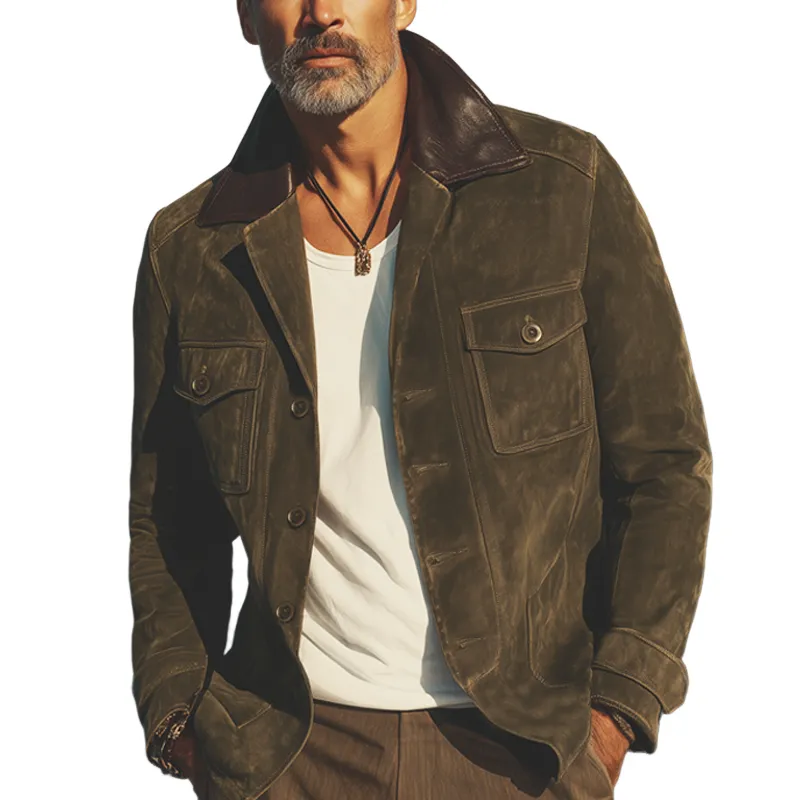 Men's Vintage Suede And Leather Lapel Button Jacket MTA0729H3U sold by Manly