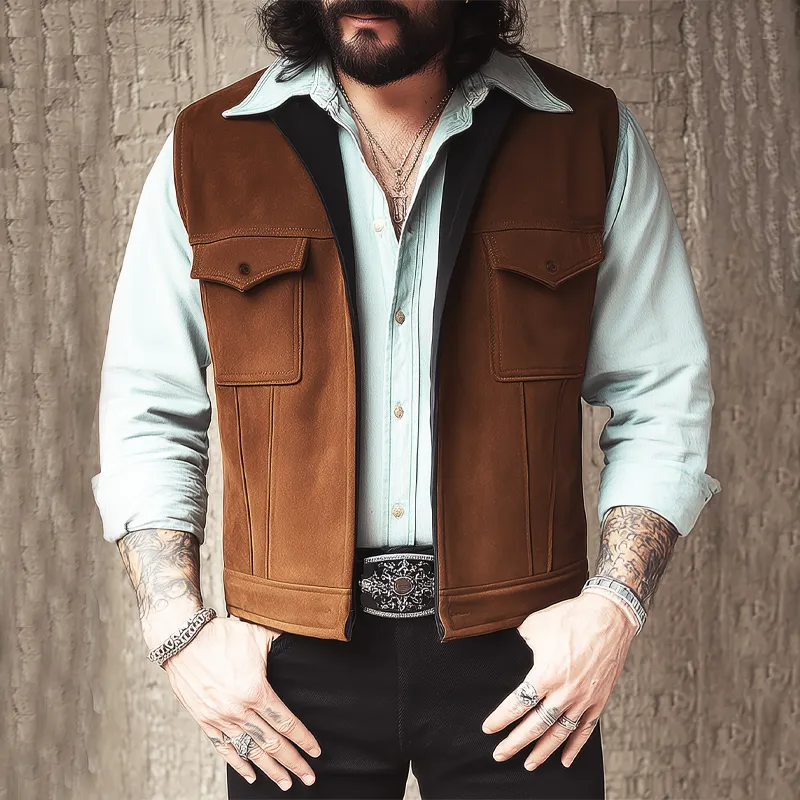 Men's Vintage Suede Stand Collar Zipper Vest MTA0757H8U sold by Manly product image thumbnail 2