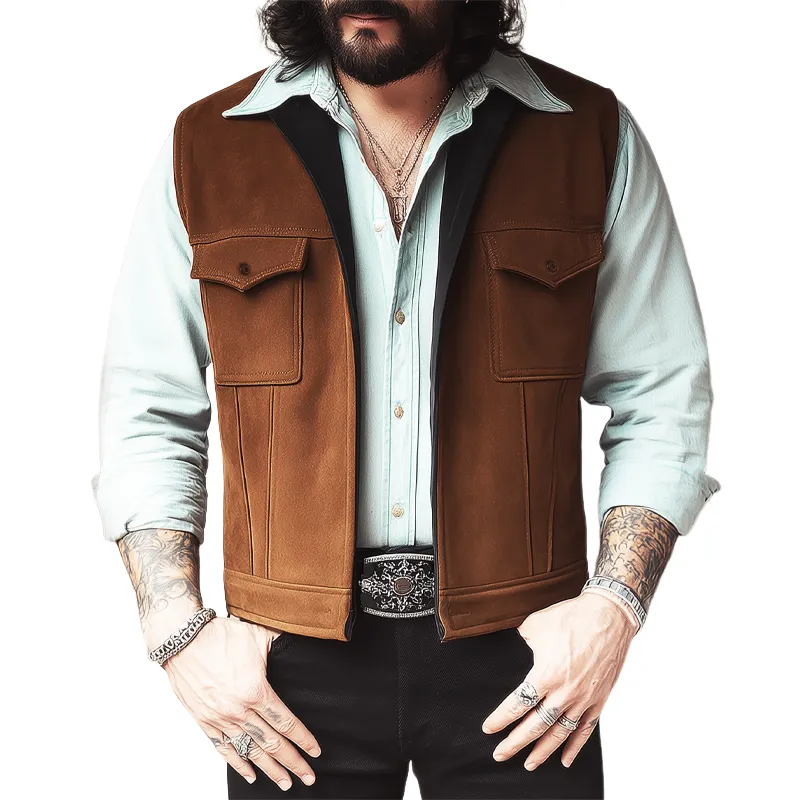 Men's Vintage Suede Stand Collar Zipper Vest MTA0757H8U sold by Manly