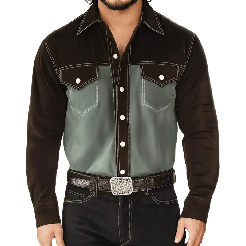 Men's Autumn Retro Colorblock Suede Long Sleeve Shirt MTA0701H0U sold by Manly