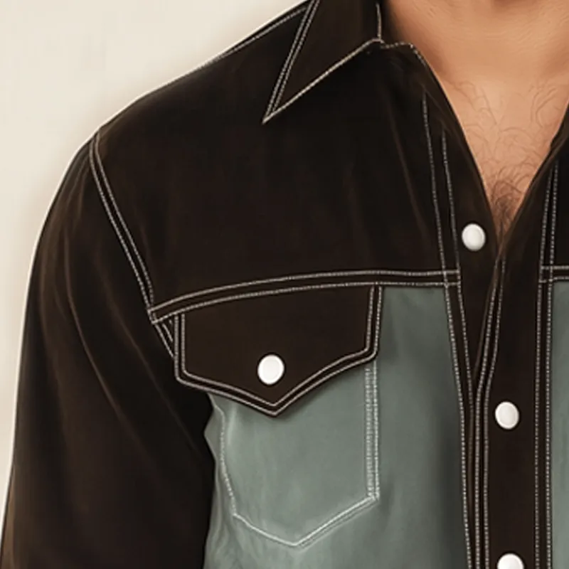 Men's Autumn Retro Colorblock Suede Long Sleeve Shirt MTA0701H0U sold by Manly product image thumbnail 3