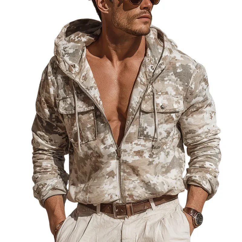 Men's Camouflage Hooded Chest Pocket Zip-up Jacket MTA0761H8Z sold by Manly