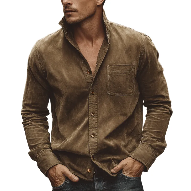 Men's Vintage Suede Lapel Long-sleeved Shirt MTA0736H2X sold by Manly