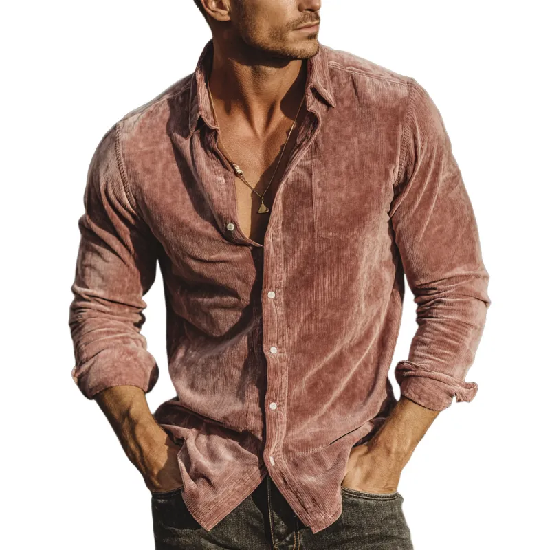 Men's Vintage Solid Color Corduroy Lapel Long Sleeve Shirt MTA0798H8X sold by Manly