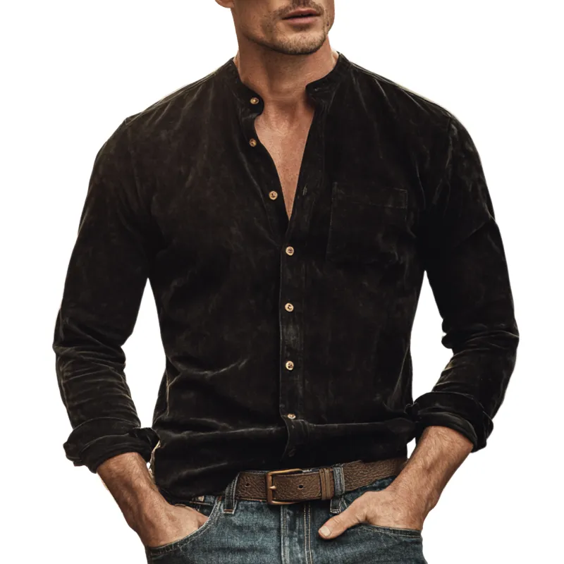 Men's Vintage Faux Suede Stand Collar Long Sleeve Shirt MTA0716H2X sold by Manly