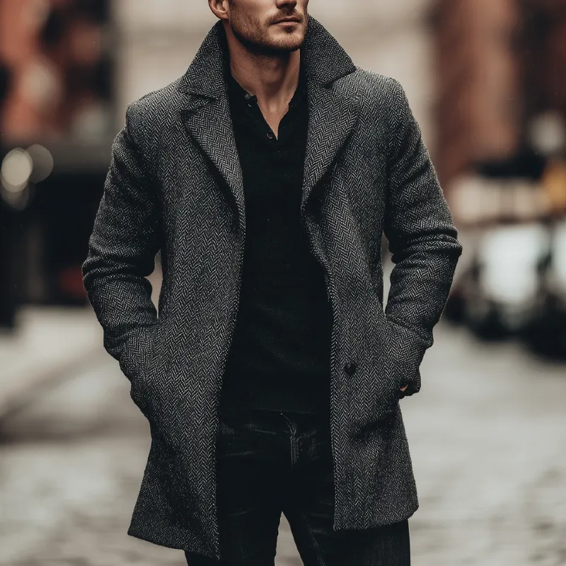 Men's Vintage Herringbone Lapel Mid-Length Coat MTA0785H9X sold by Manly product image thumbnail 4