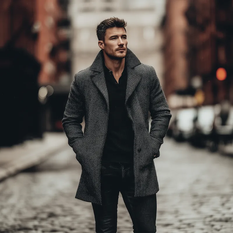 Men's Vintage Herringbone Lapel Mid-Length Coat MTA0785H9X sold by Manly product image thumbnail 5