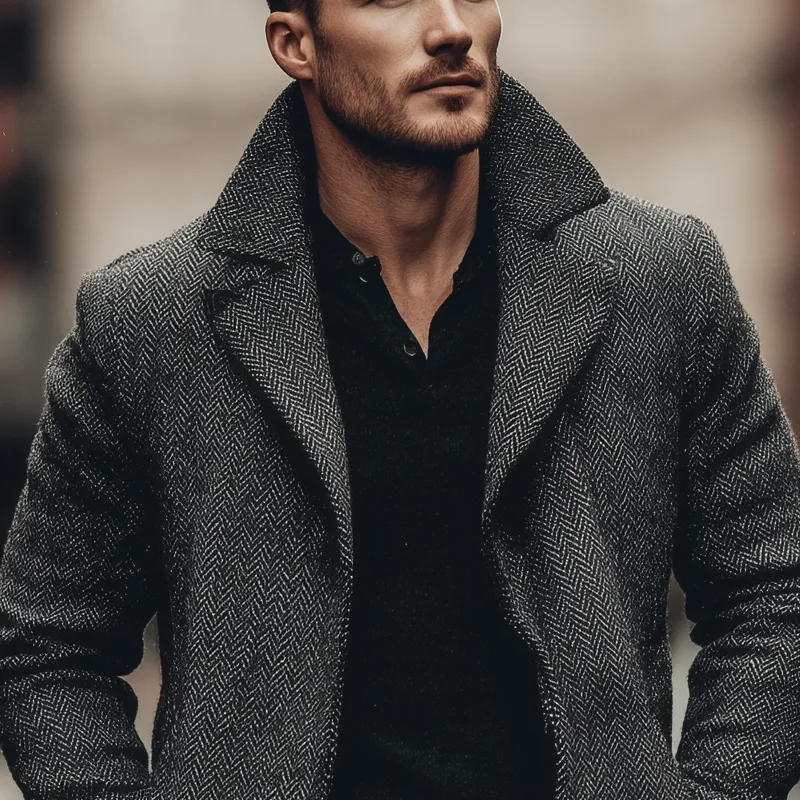 Men's Vintage Herringbone Lapel Mid-Length Coat MTA0785H9X sold by Manly product image thumbnail 2