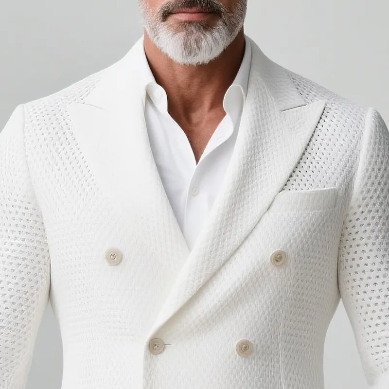 Men's Solid Knit Hollow Out Peak Lapel Double Breasted Casual Blazer MTA0618H1Z sold by Manly product image thumbnail 3