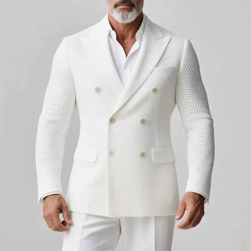 Men's Solid Knit Hollow Out Peak Lapel Double Breasted Casual Blazer MTA0618H1Z sold by Manly product image thumbnail 2