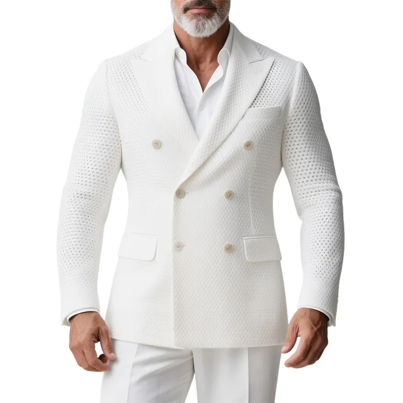 Men's Solid Knit Hollow Out Peak Lapel Double Breasted Casual Blazer MTA0618H1Z sold by Manly